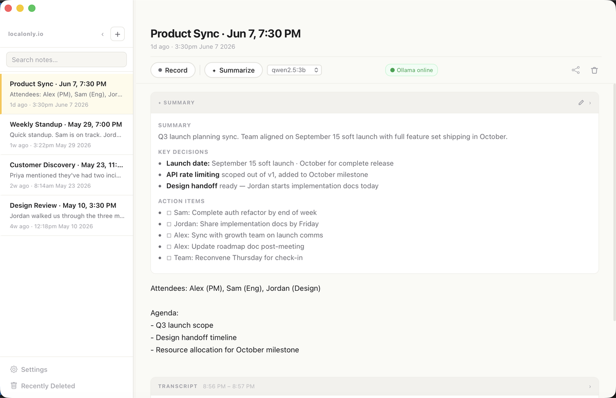 AI-generated meeting summary in localonly